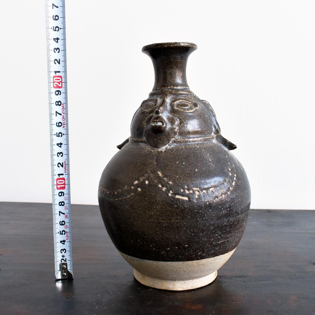 クメール カンボジア ポストアンコール 黒褐釉人面壺 /壷 古陶器 古道具