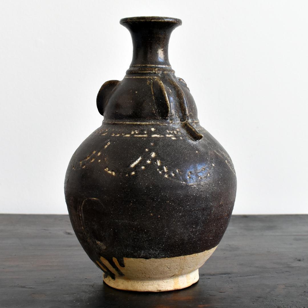 クメール カンボジア ポストアンコール 黒褐釉人面壺 /壷 古陶器 古道具