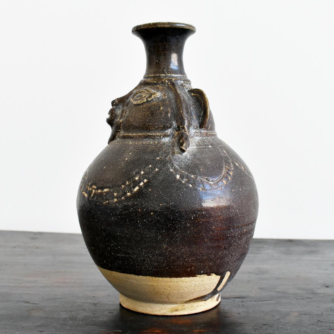 クメール カンボジア ポストアンコール 黒褐釉人面壺 /壷 古陶器 古道具