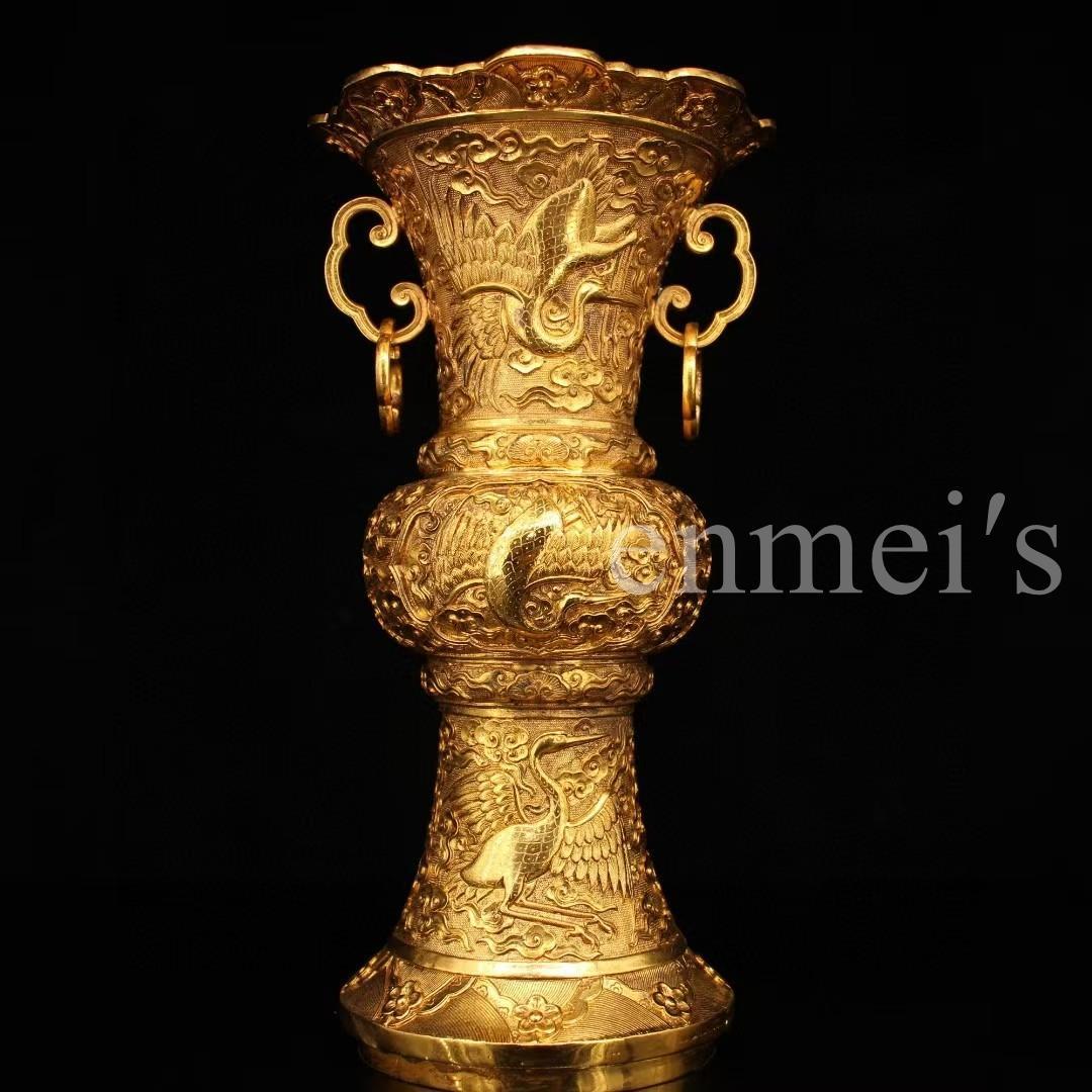 中国古美術・旧蔵鎏金鶴花鼓花瓶・純銅製・純手作り・高浮彫・風水開運・置物・文房具