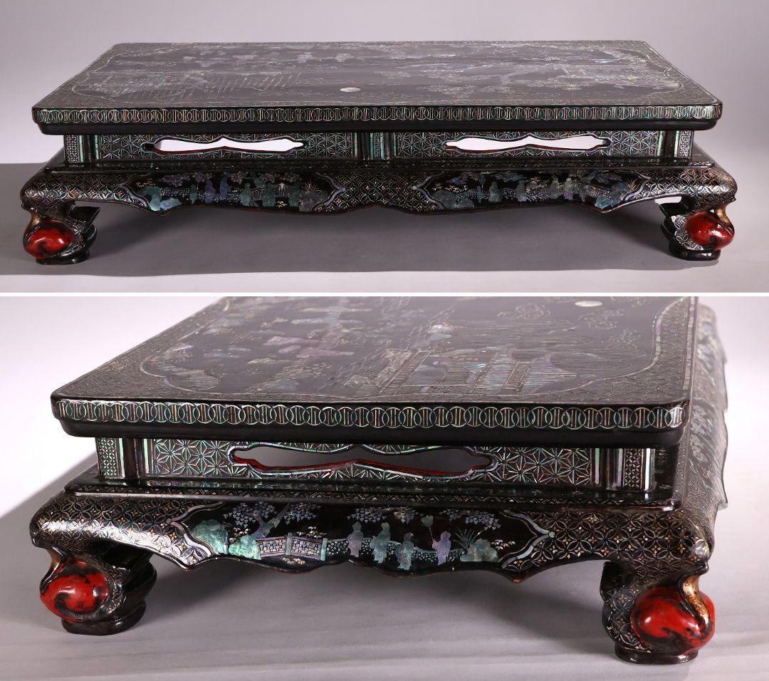 時代唐物 青貝螺鈿細工 楼閣人物 平卓 花台 香炉台 58cm 木製【MA624