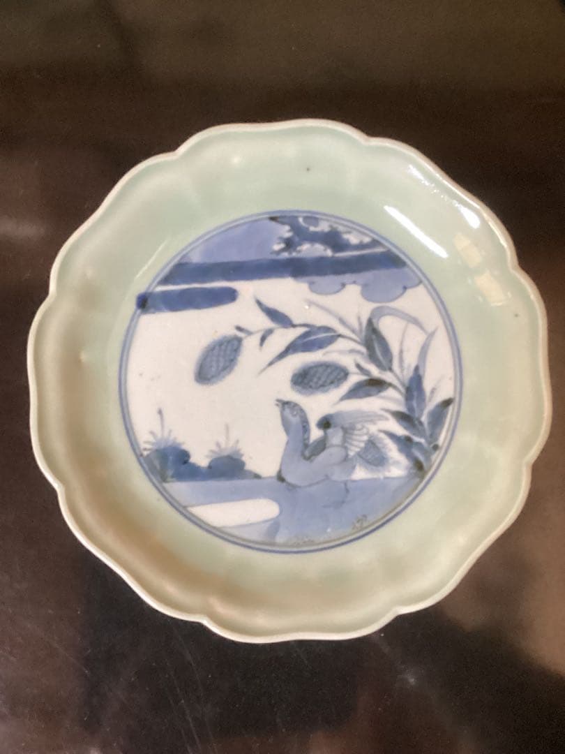 初期伊万里青磁染付花鳥文中皿　時代物コレクション