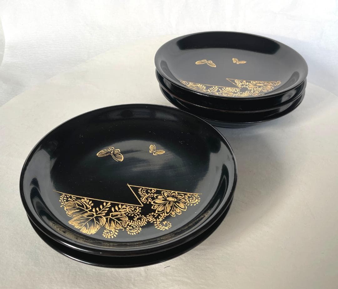 銘々皿 漆塗 菊唐草に蝶沈金木皿 5枚 取皿 5寸 14.5ｃｍ 木製