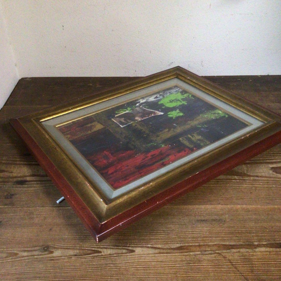 No4127 額装　作者不明　コラージュ画　油彩画　抽象画　現代アート　送料無料