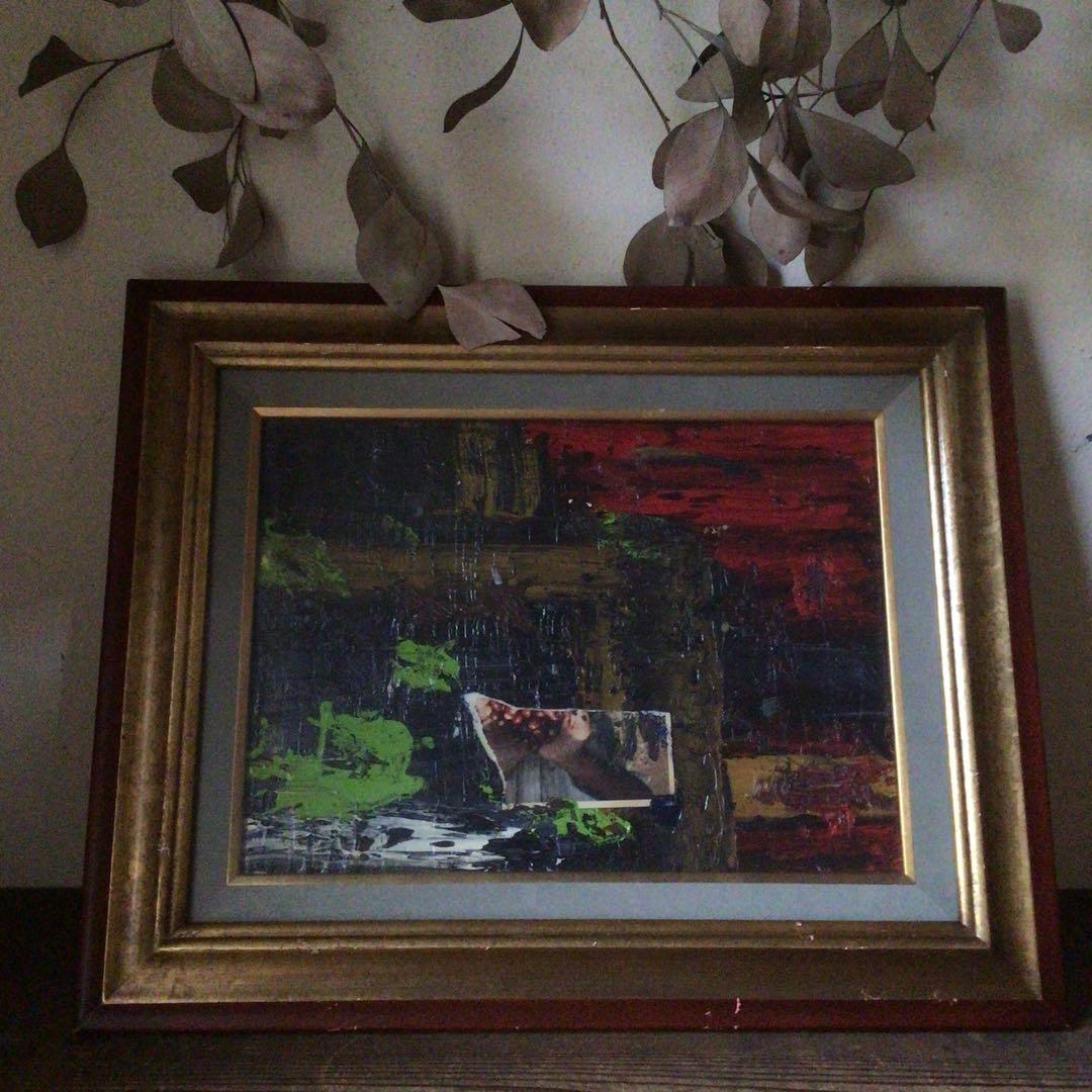 No4127 額装　作者不明　コラージュ画　油彩画　抽象画　現代アート　送料無料