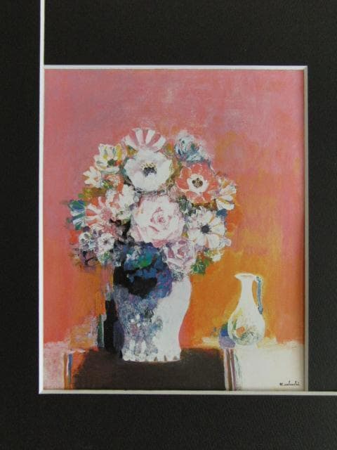 上橋薫、赤いバックの花、希少な画集より、新品高級額・額装付