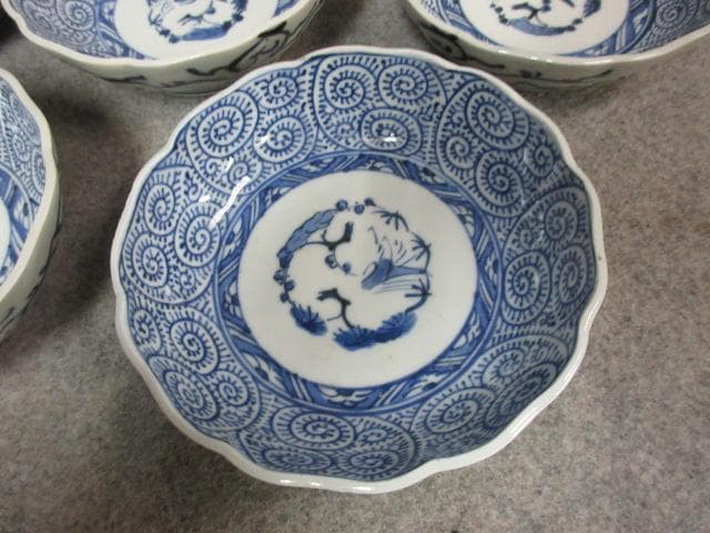 成化年製古伊万里染付たこ唐草文なます皿5枚 [B25364]