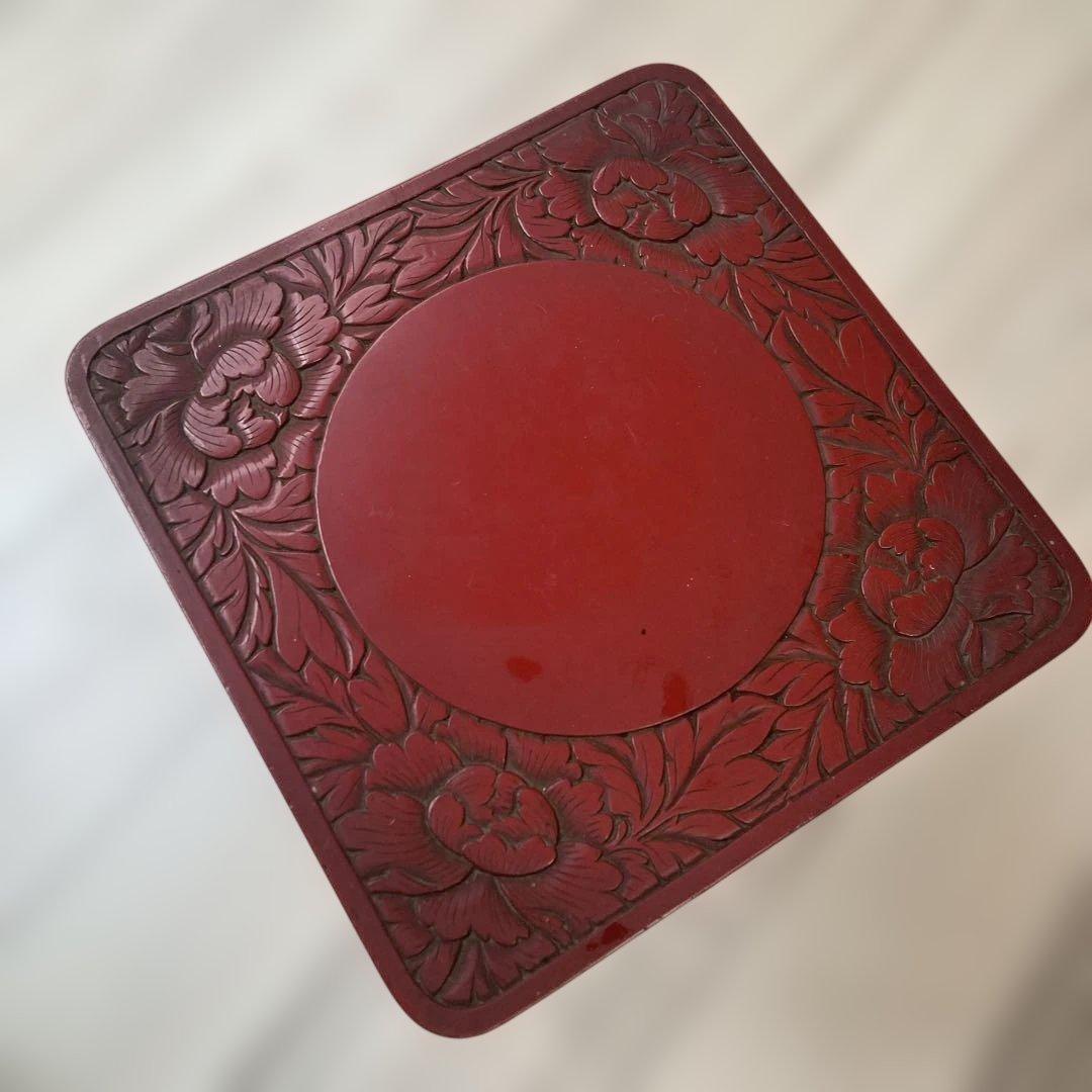 【中古品】村上堆朱 牡丹 唐草 高 花台　花瓶台　レトロ　ビンテージ　伝統工芸