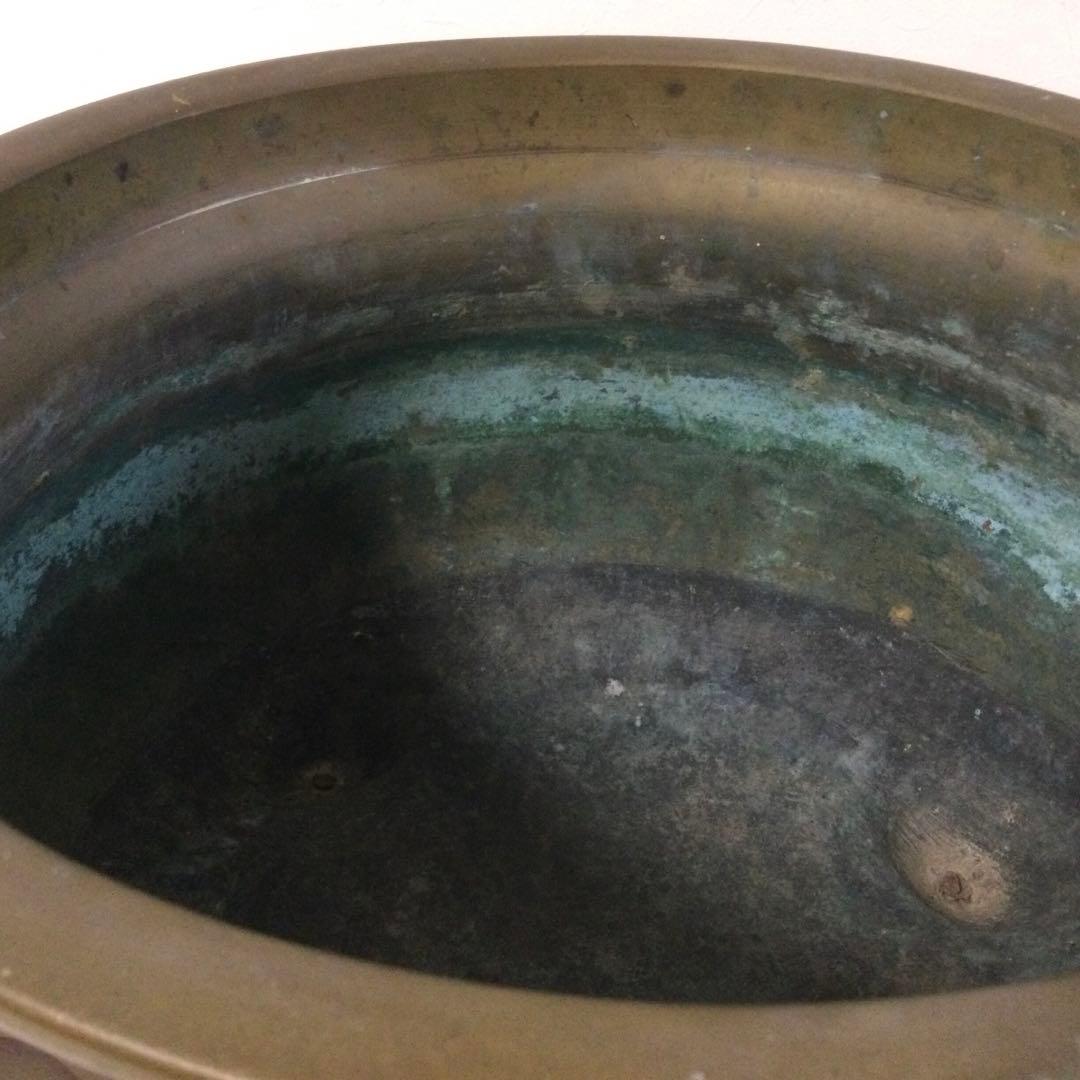 時代物 古銅製 瓶掛火鉢 大香炉三足 古木台座 大型 B634