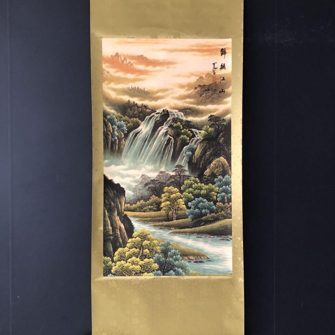 中国山水画　掛け軸　三尺中堂 滝・渓流風景　装飾用