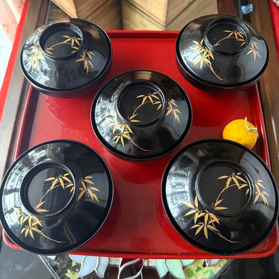 2199様感謝‼️かろやかJAPAN時代蒔絵 豪華四君子富士山形吸物椀5客