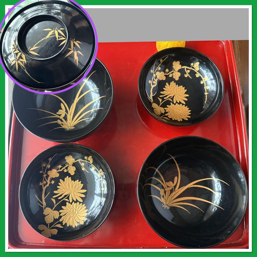 2199様感謝‼️かろやかJAPAN時代蒔絵 豪華四君子富士山形吸物椀5客