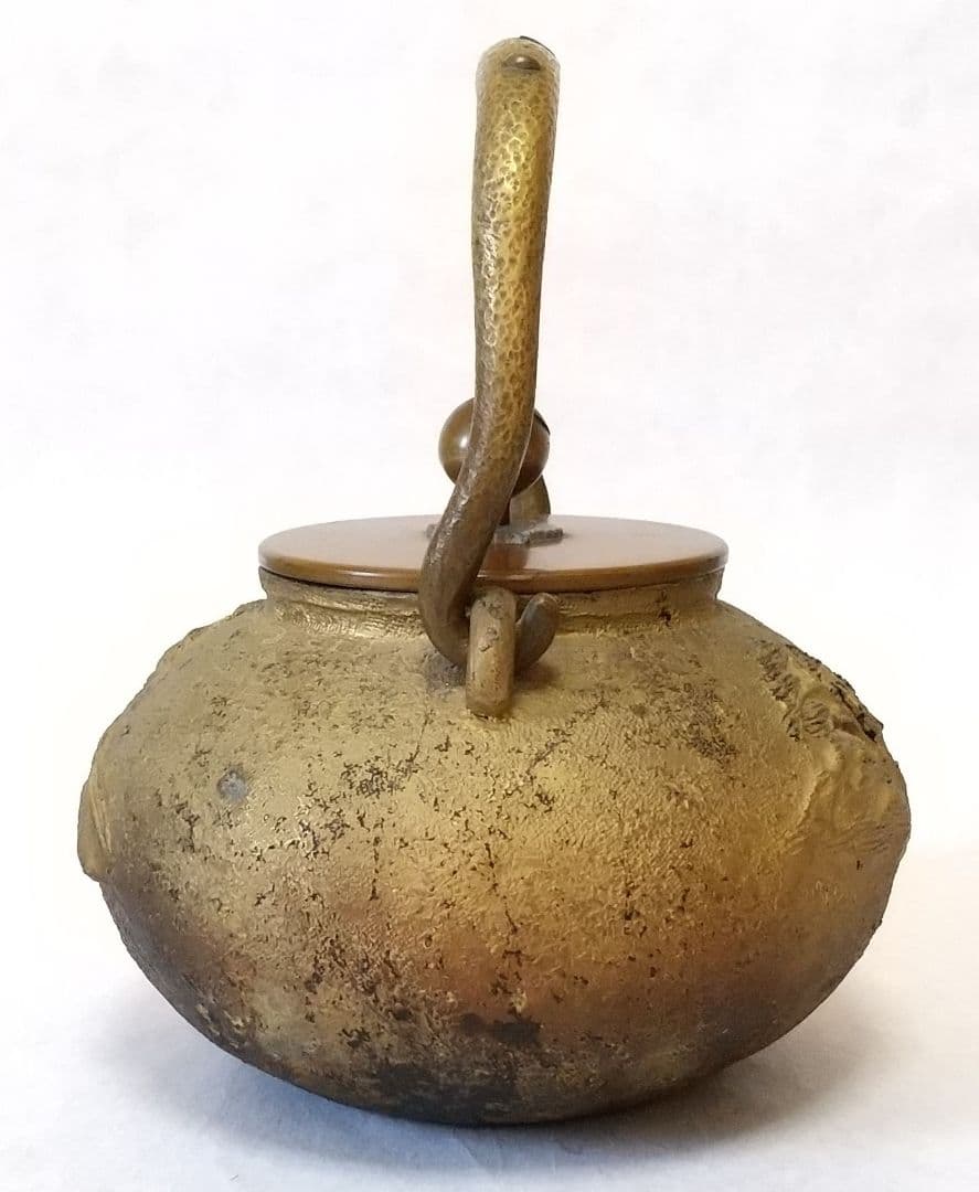 梅泉造 亀文堂 銅瓶 山水楼 帆船紋盖 象嵌叶提梁