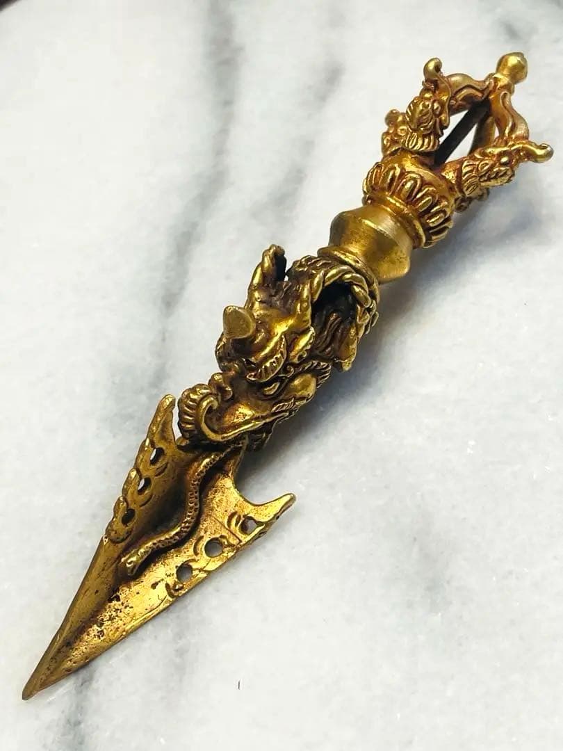 チベット密教 新品 プルパ 金メッキ　龍　金剛杵　約12センチ 594