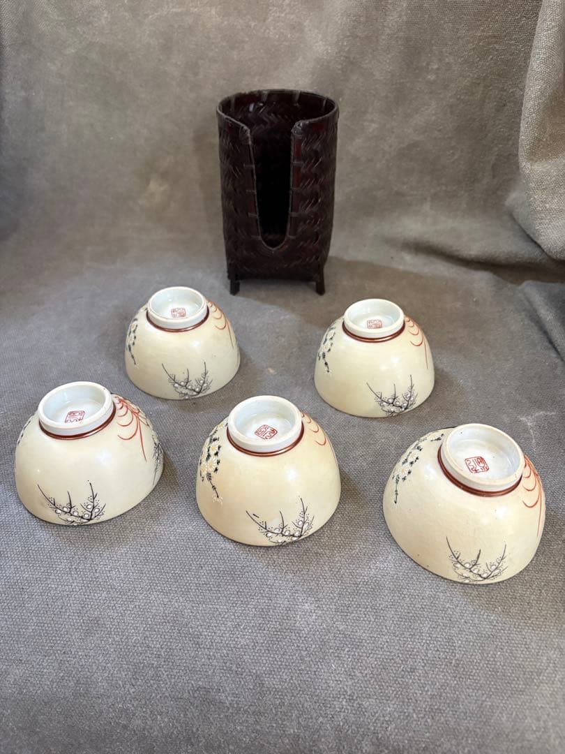 煎茶道具　九谷　煎茶椀5点　竹杯籠　茶道具　煎茶道　紅葉と花の絵柄