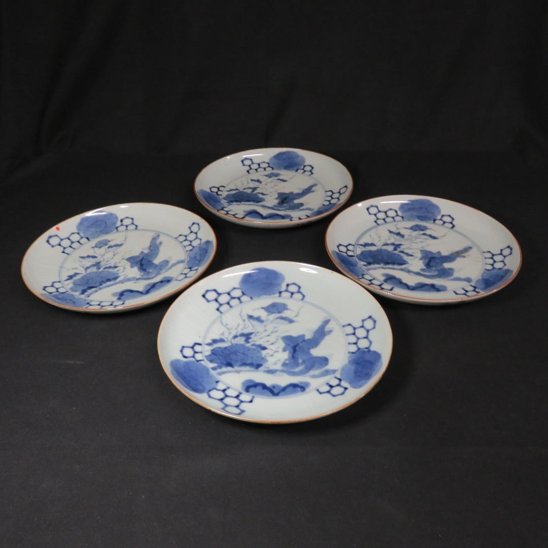 古伊万里 中皿 染付 4枚 甘手 蛤チップ 歪み 貫入 獅子 江戸