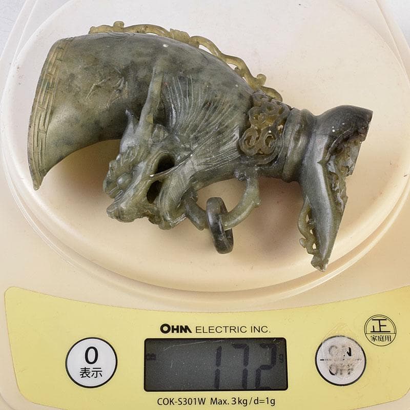 中国　玉石彫刻　龍刻　爵　V　R9036