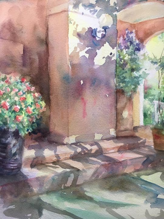 水彩原画バラクライングリッシュガーデン光と影➁ひかりあふれて…