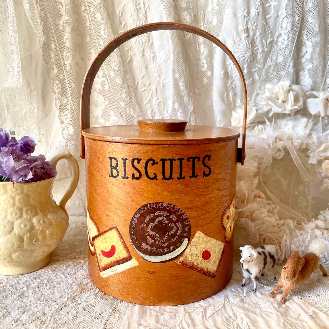 木製蓋付きビスケットジャー　キャニスター入れ持ち手ハンドルヨーロッパヴィンテージ