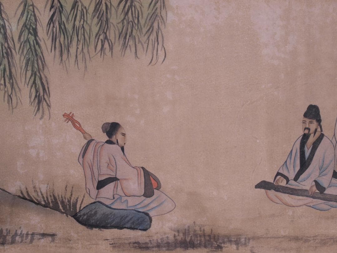 骨董 博物館共箱　中国清時代肉筆掛け軸　絵冊　群賢図 AK226A11-4