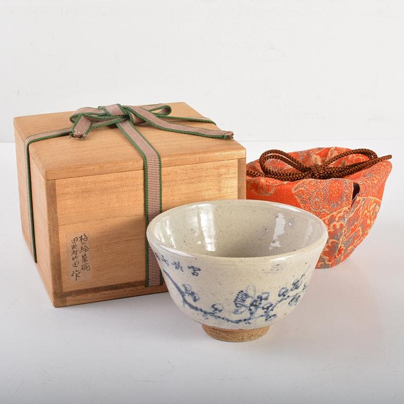 茶道具　田能村竹田作　染付　梅の絵　茶碗　仕覆・時代箱付　M　R6717