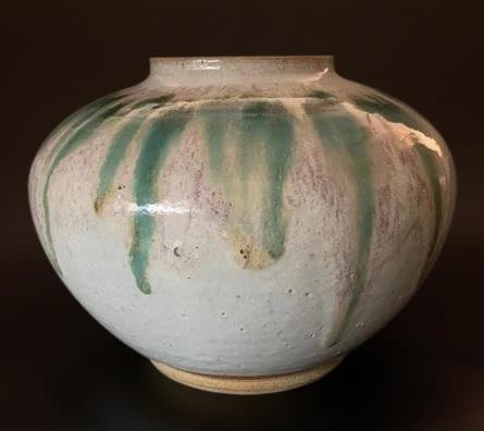 会津本郷焼 宗像窯 七代目 宗像亮一 大作 土灰白釉青流 蓋付 飾り壺