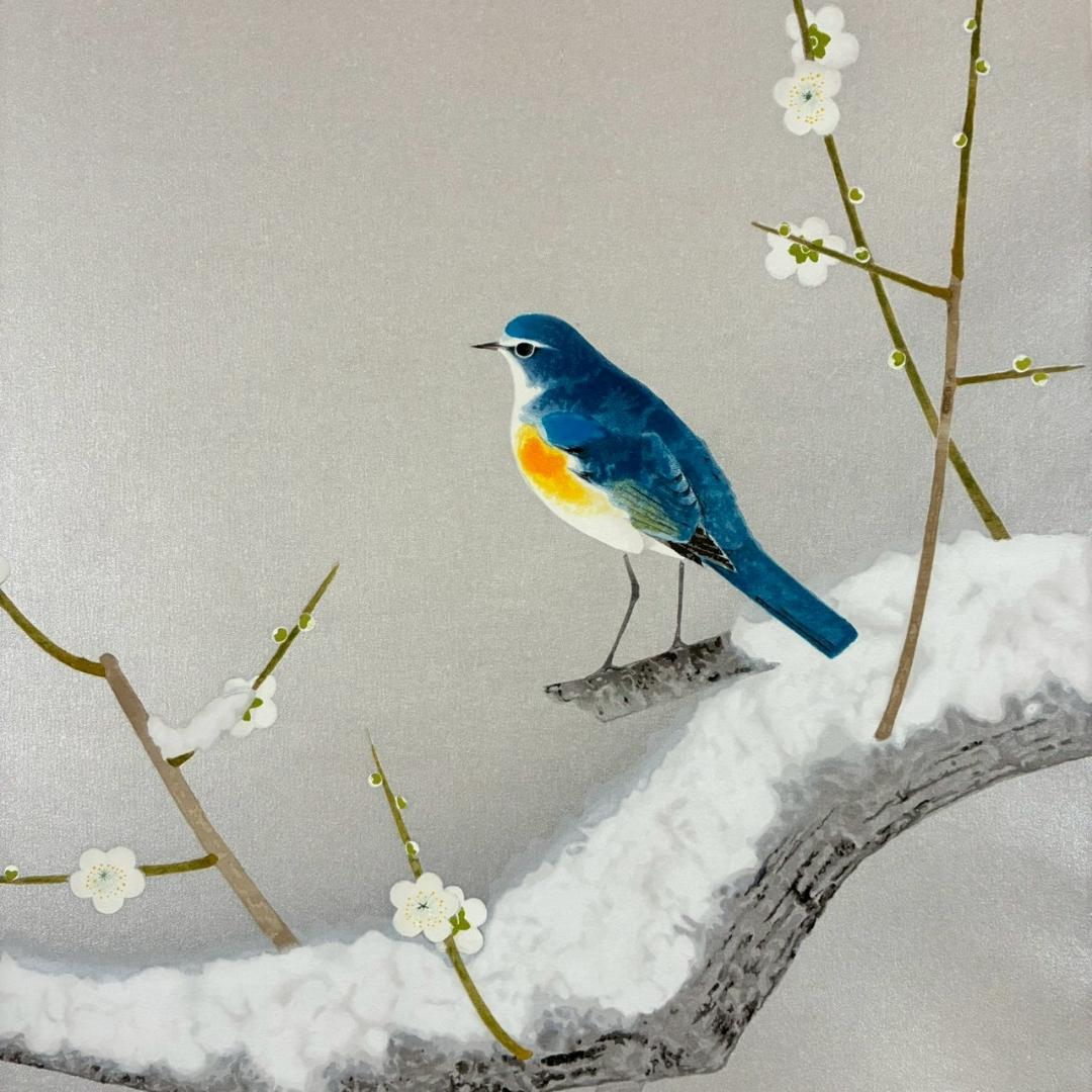 美品 上村淳之「早春」木版画 直筆サイン・印章・発行証有 上村松園の孫 花鳥