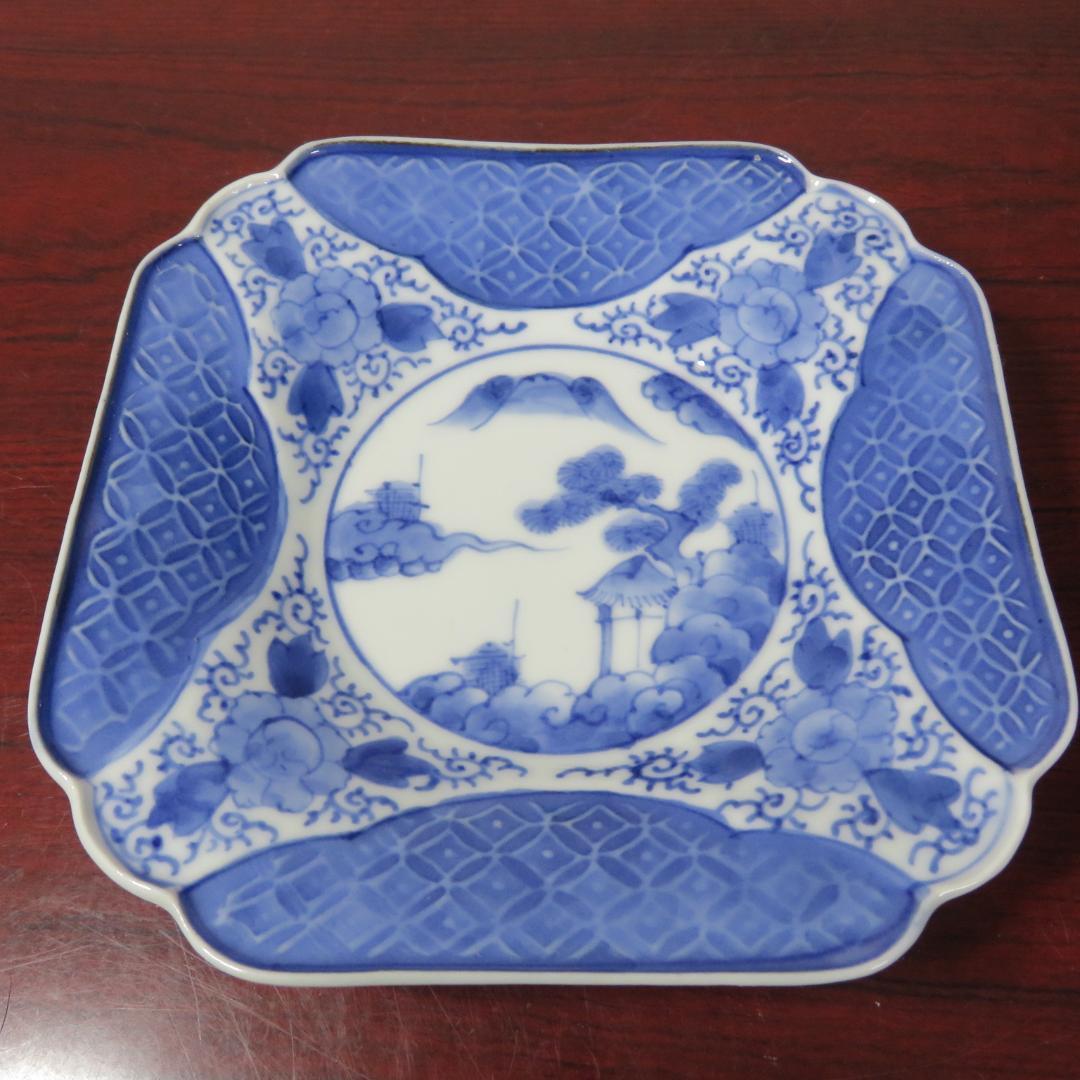 角皿 染付 5枚 山水文様 花唐草 銘 明治 大正 蔵出し 希少