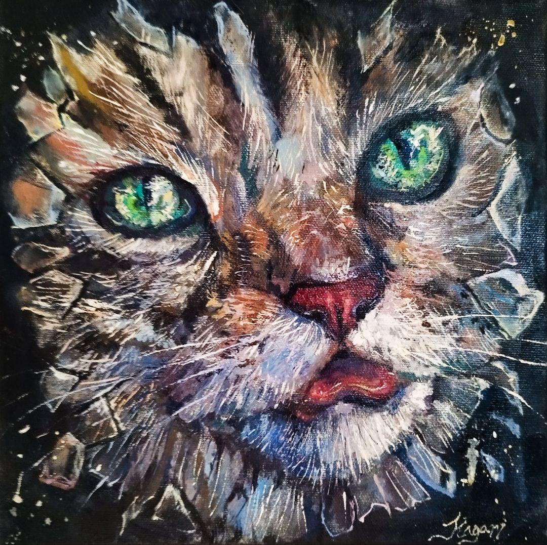 油彩画『如意猫守』 一点物 原画 アート 開運