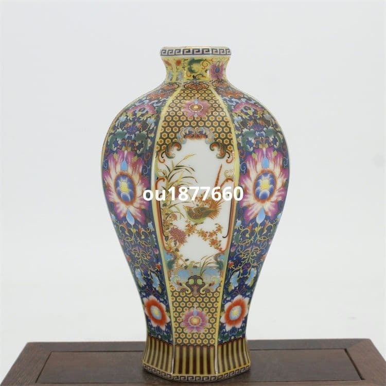琺瑯彩花鳥八方梅瓶 景徳鎮 陶磁器 装飾品 現代工芸品 美術品 置物