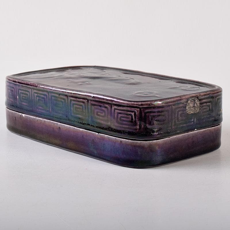 平安　篩月庵　三浦竹泉造　紫交趾　人物馬文　陶硯　共布共箱　F　R7883