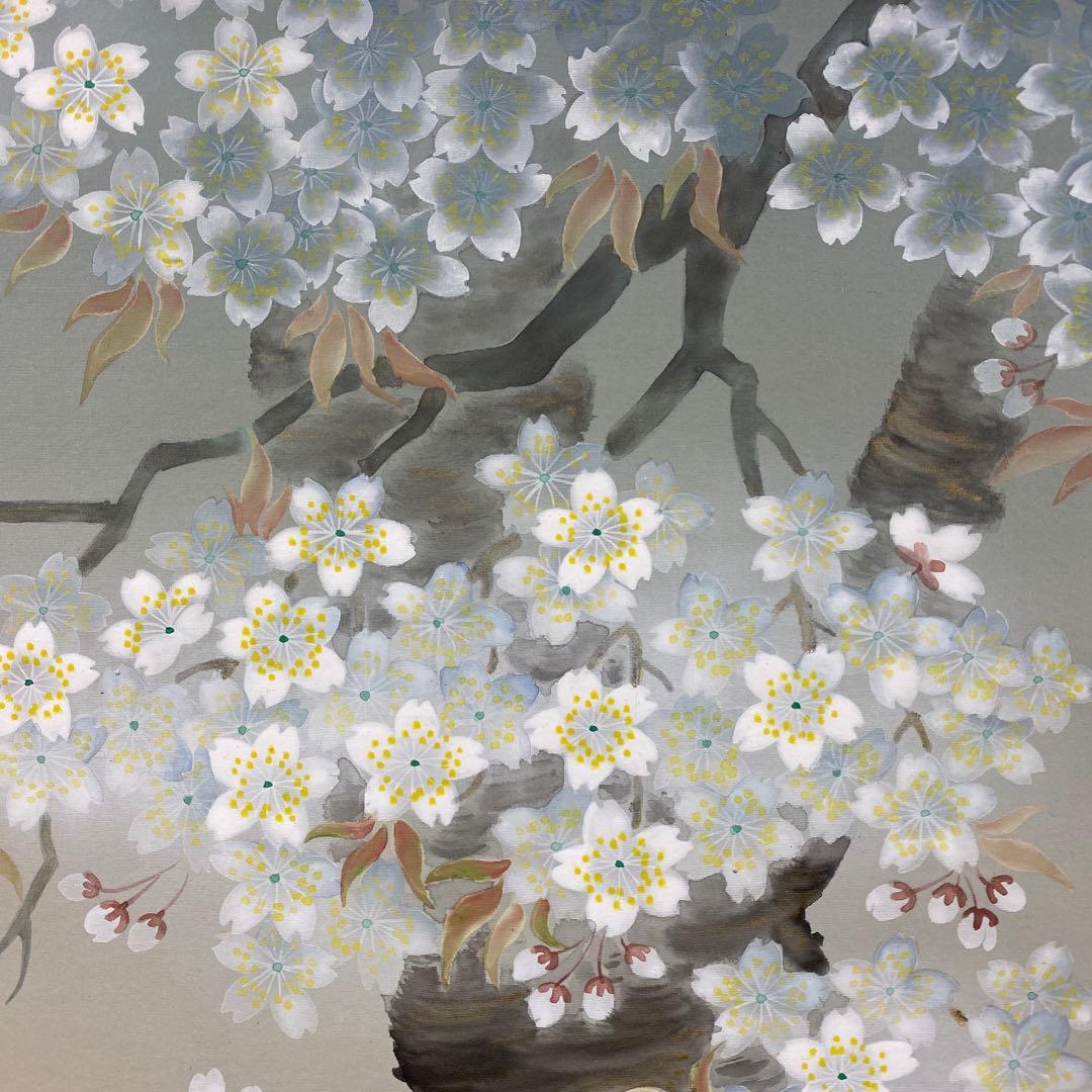 美品 掛け軸 河野美峰作 桜に小禽図 共箱 太巻き付 美術年鑑掲載作家