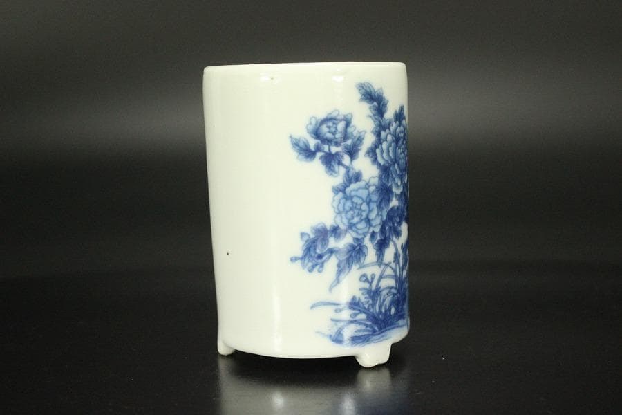 中国美術 青花 花鳥紋 筆筒 乾隆年製 高8cm 文房具(HA414)