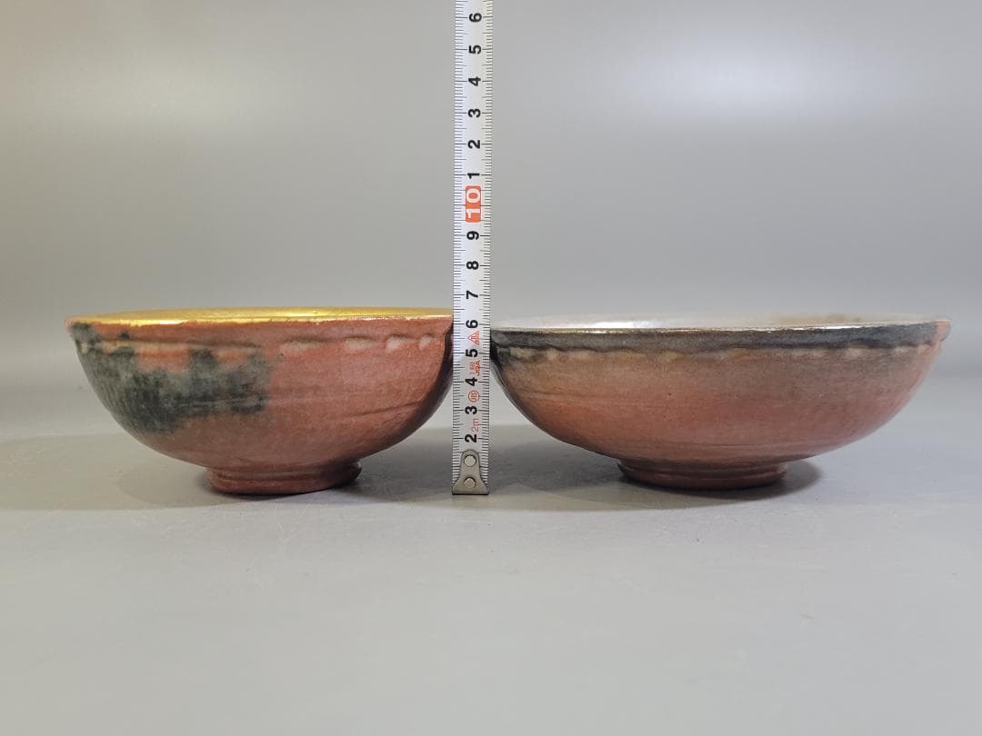 茶道具 嶋台茶碗 赤楽 金銀 一対 共箱 DT746