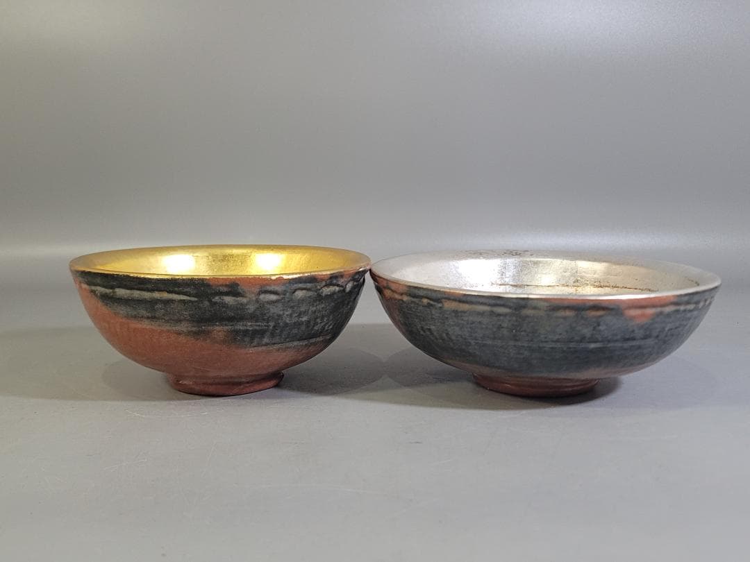茶道具 嶋台茶碗 赤楽 金銀 一対 共箱 DT746