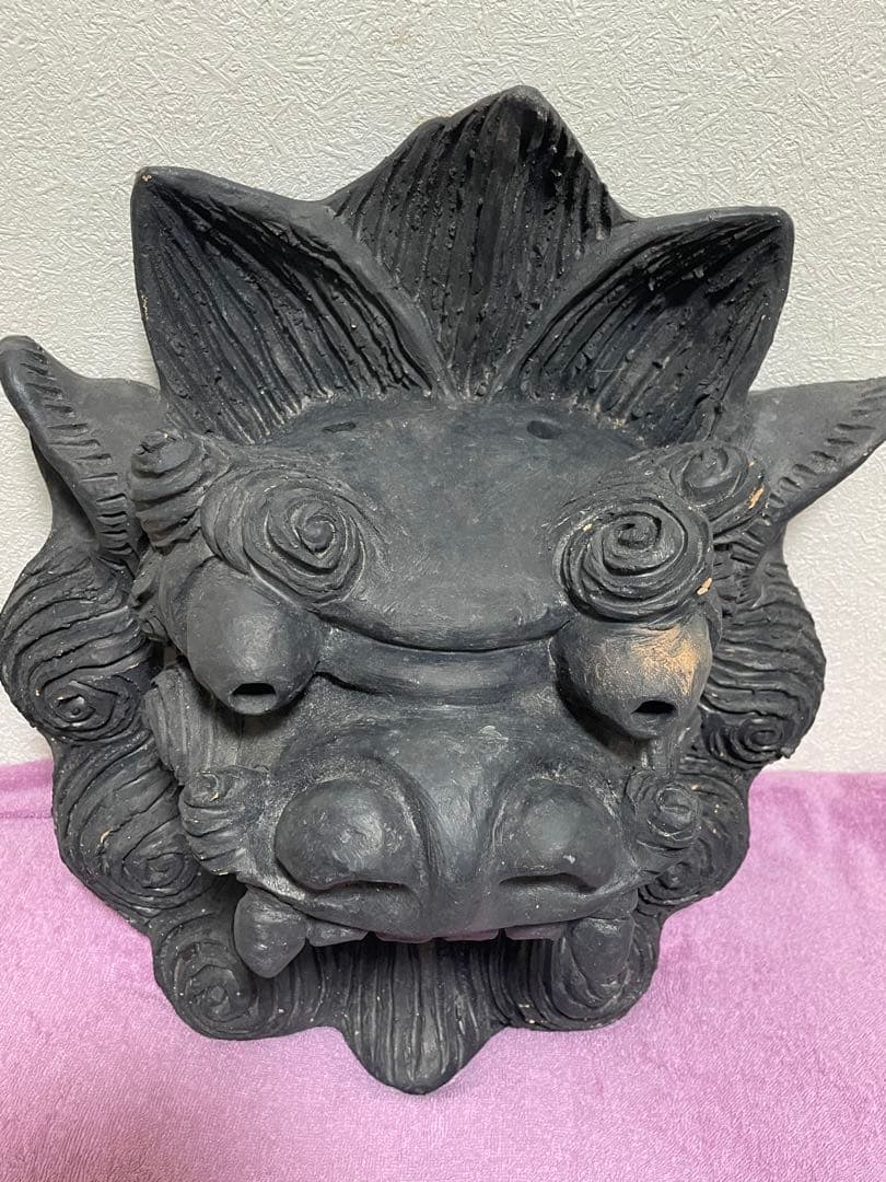 名工　島常賀　面シーサー　燻　壺屋焼