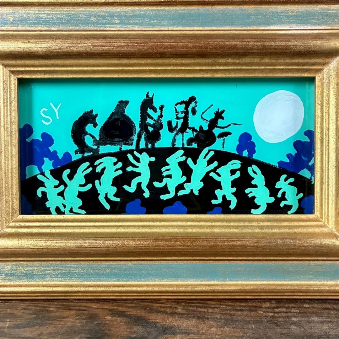 柚木沙弥郎「つきよのおんがくかい」ガラス絵 肉筆 直筆サイン入 共シール 民藝