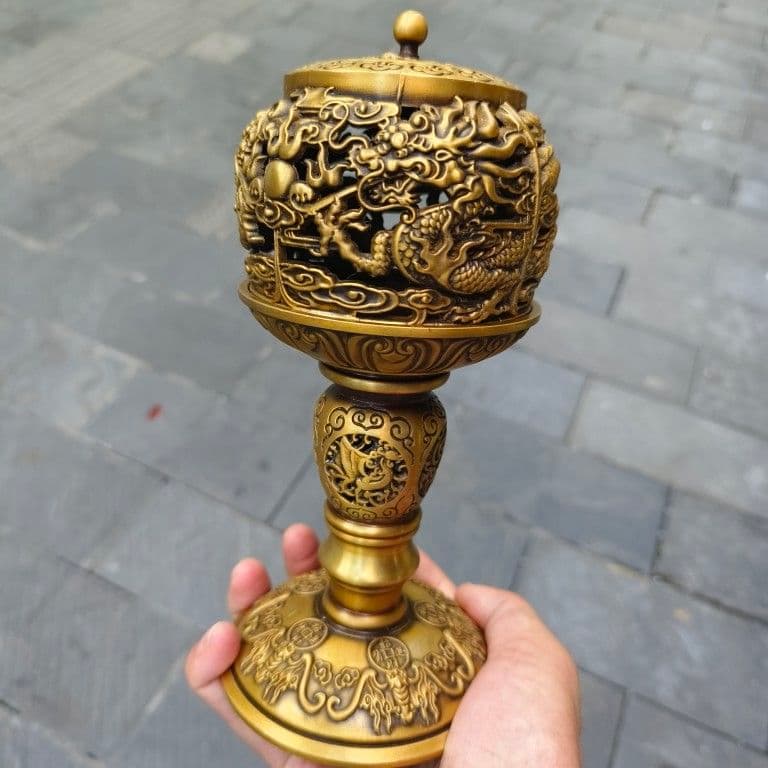 銅 細工 透かし彫り 双龍香炉 銅香炉 仏具 茶道具 香道具 工芸品 置物