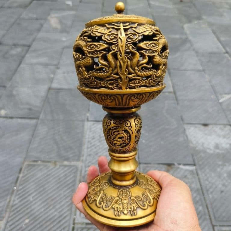 銅 細工 透かし彫り 双龍香炉 銅香炉 仏具 茶道具 香道具 工芸品 置物