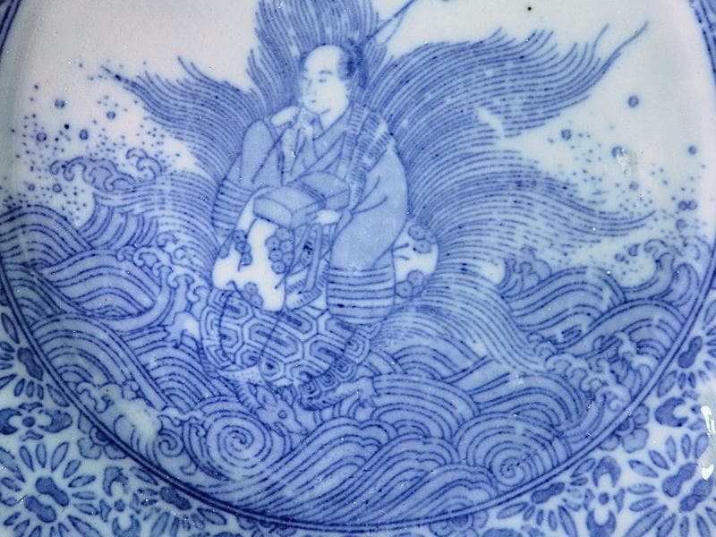 伊万里　染付　型刷印判　浦島太郎の図　６寸皿　S317 AS-fbpp