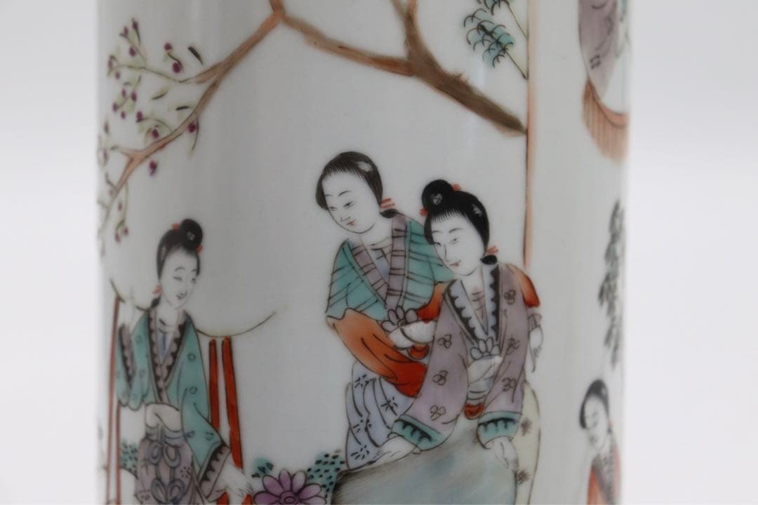 岐No28 中国　清時代　粉彩美女図筆筒　帽筒① 同治年製　送料込み0503