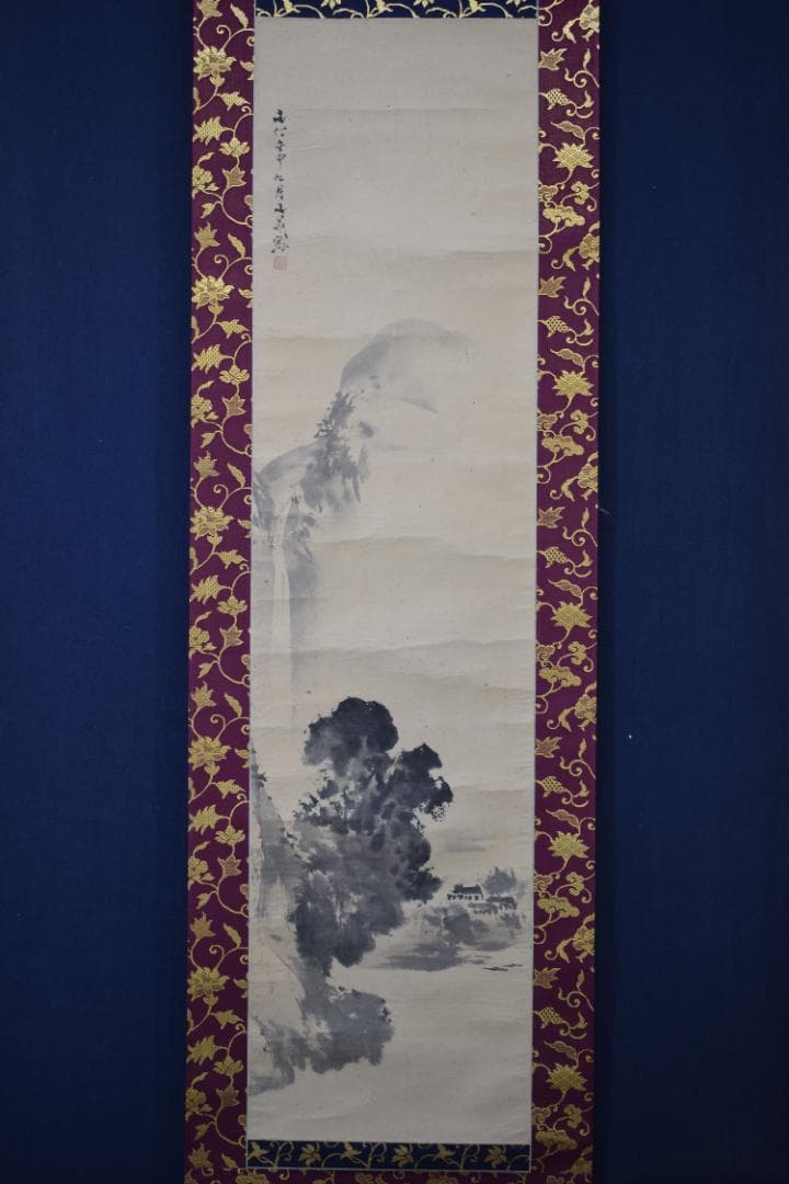 【真作】谷文晁/滝山水図/滝湖村図/掛軸☆宝船☆Z-163