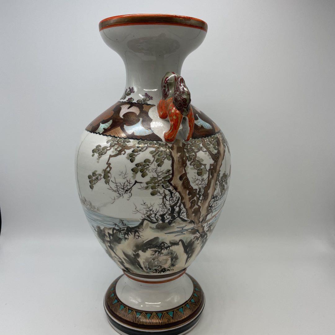 武士の絵 陶器製 花瓶 獅子持ち手付き 九谷焼