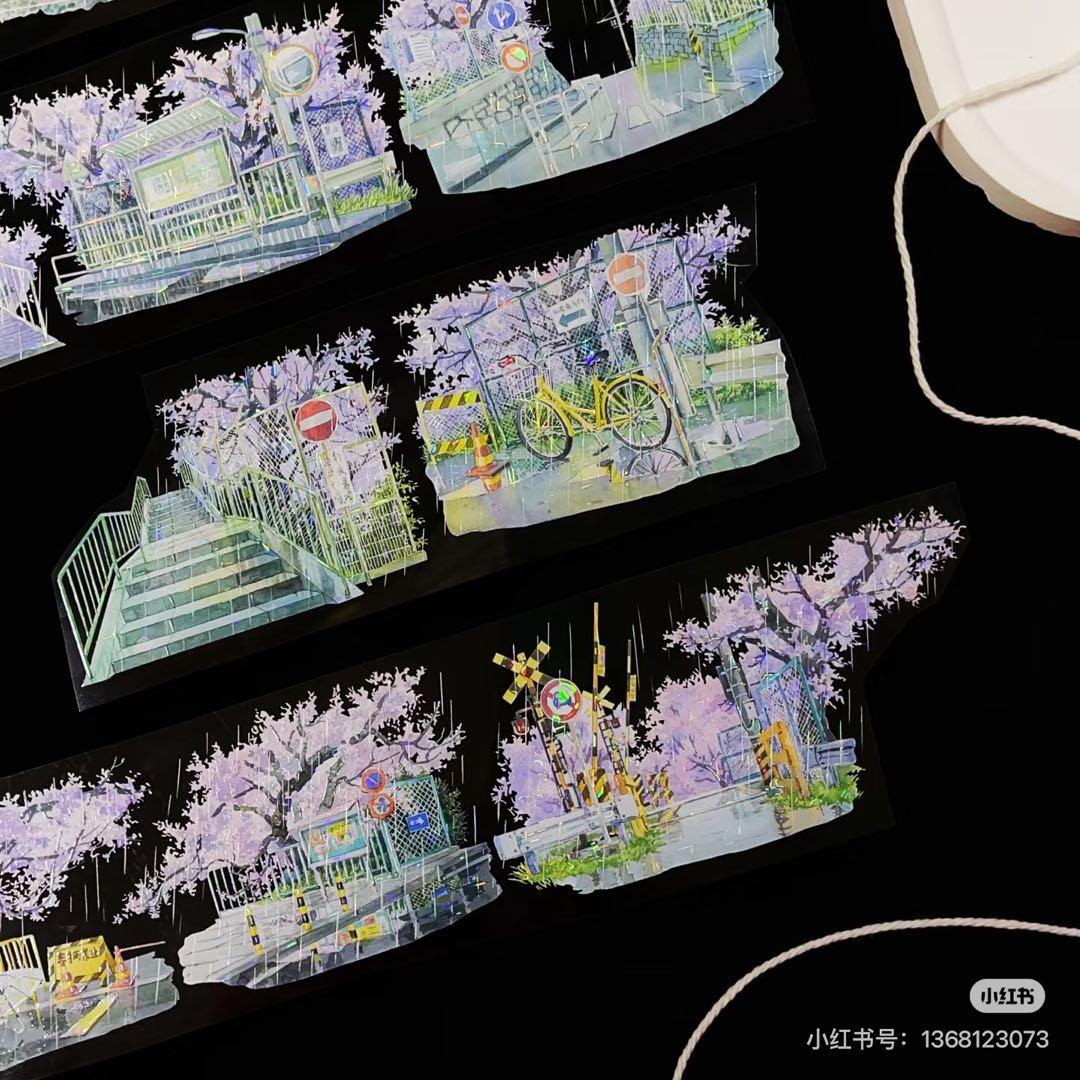 【9102】海外　マステ　3/5/巻　貝殻光マスキングテープ雨景色　街　桜背景系