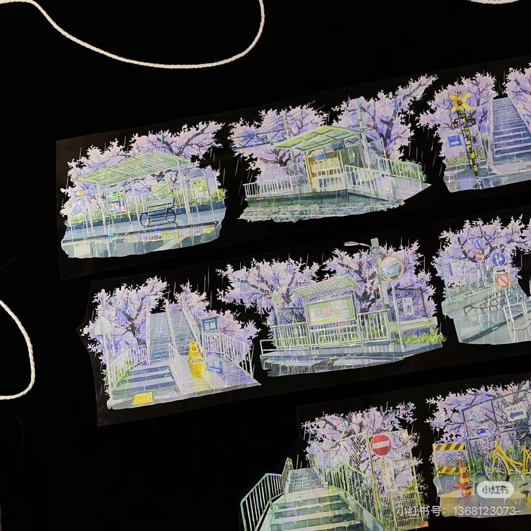 【9102】海外　マステ　3/5/巻　貝殻光マスキングテープ雨景色　街　桜背景系