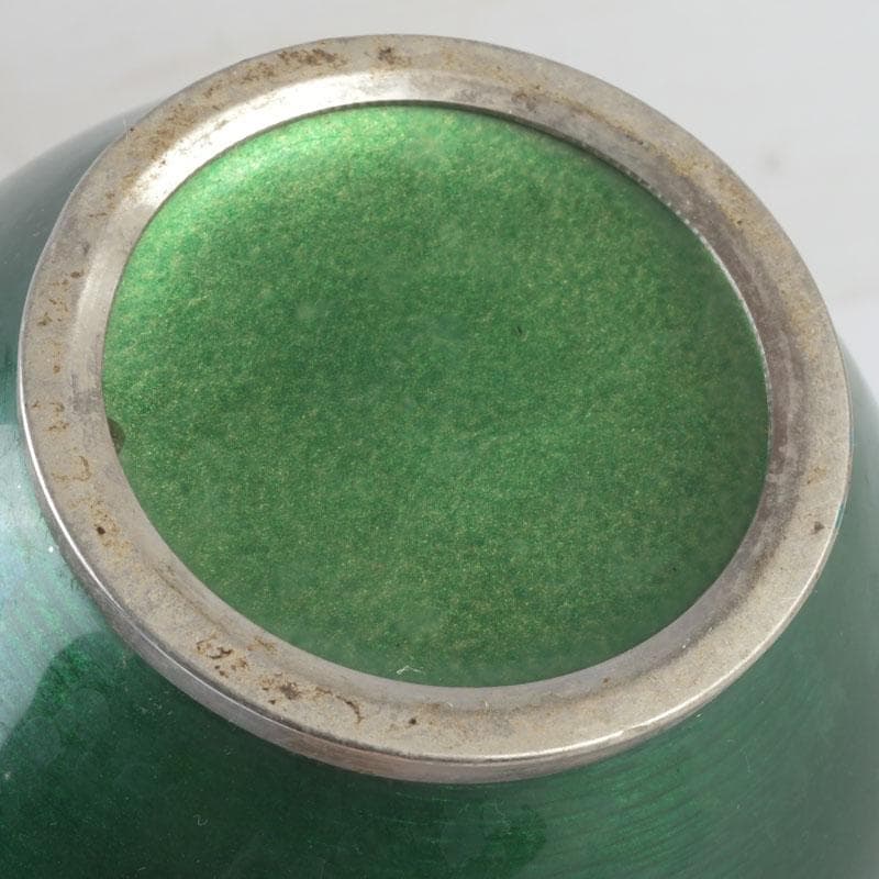 七宝焼　緑釉　松文　花瓶　共箱　V　9827