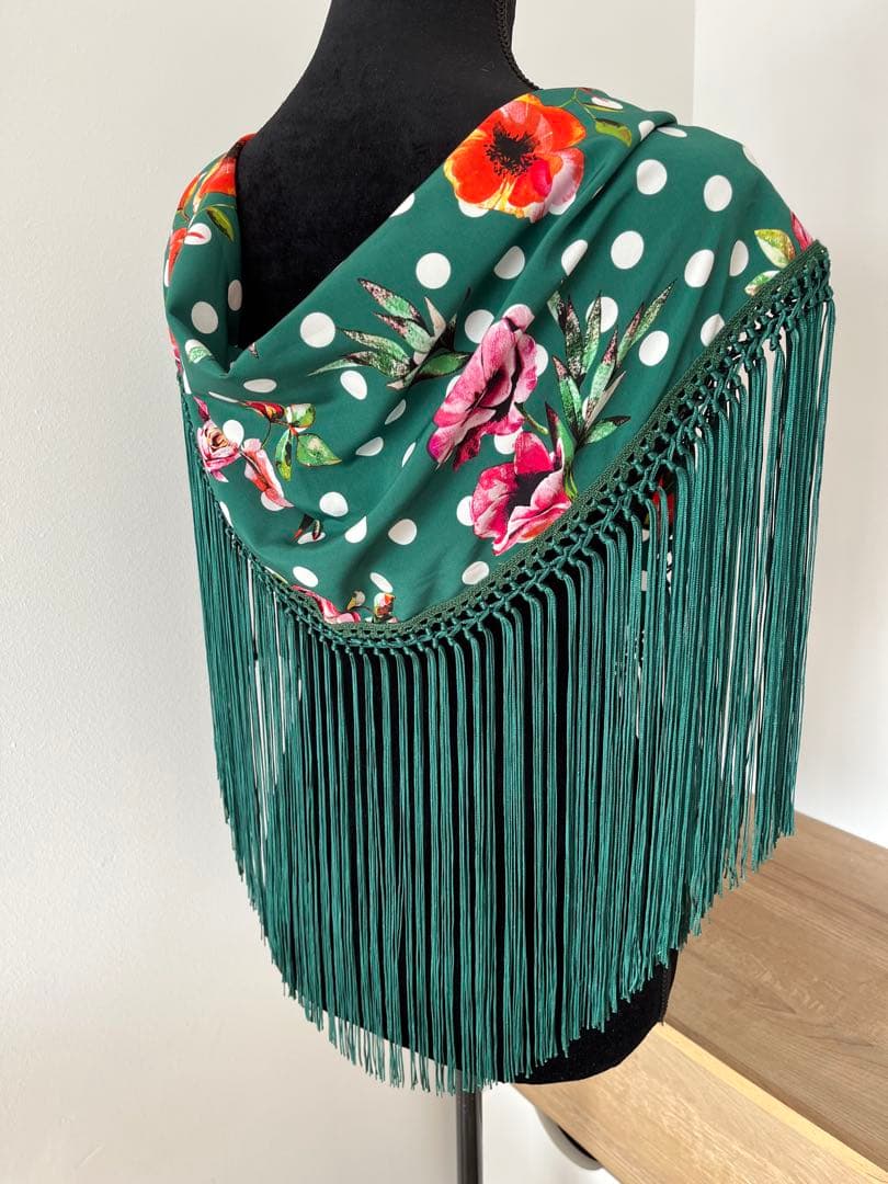 フラメンコ　マントンシージョ　グリーンx花柄水玉　グリーンフレコ