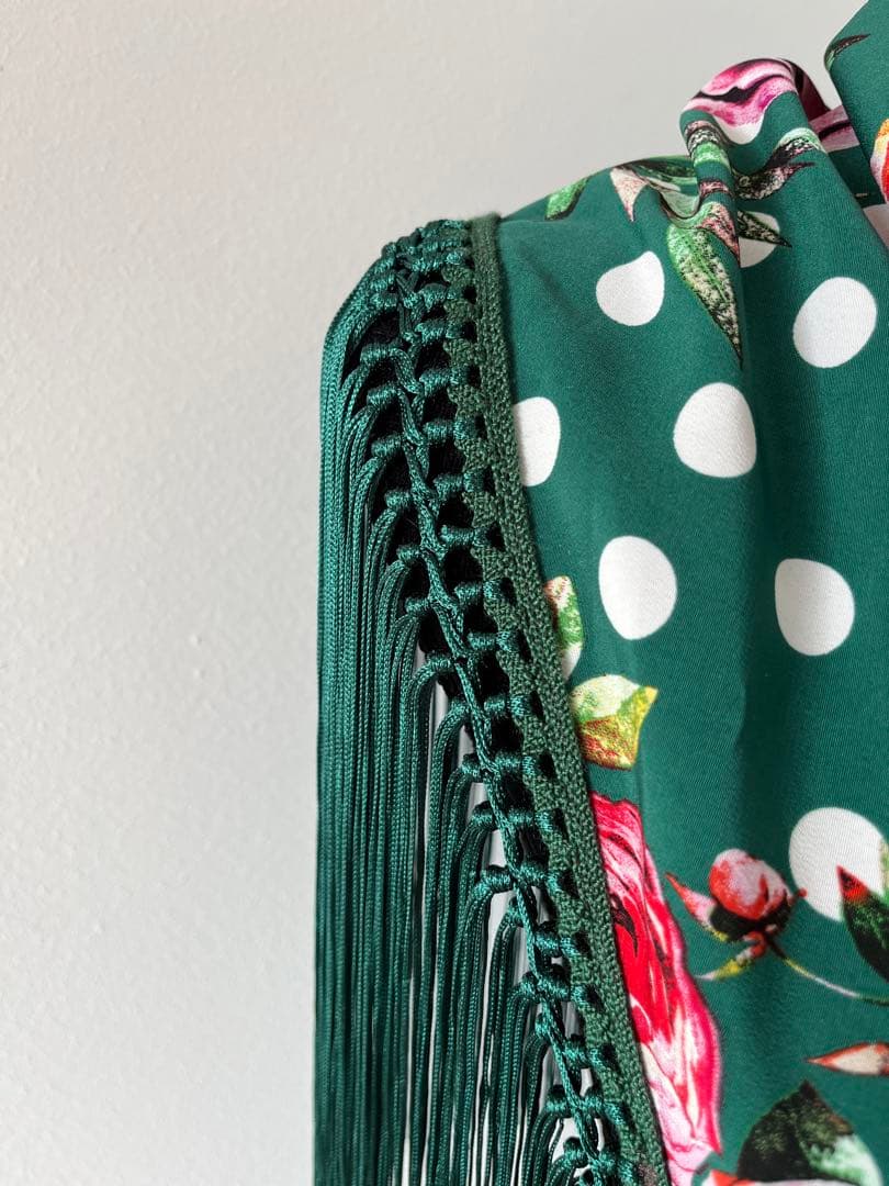 フラメンコ　マントンシージョ　グリーンx花柄水玉　グリーンフレコ