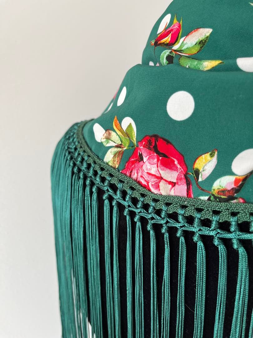 フラメンコ　マントンシージョ　グリーンx花柄水玉　グリーンフレコ