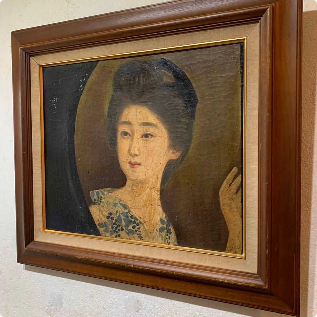 超希少　第一回文化勲章　鑑定書有り　岡田三郎助　油彩肉筆画　F8当時物　円窓少女